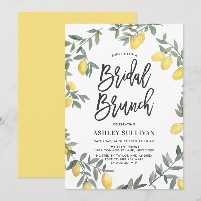Invitation Boho Watercolor Lemon Wreath Bridal Brunch (Devant / Derrière)