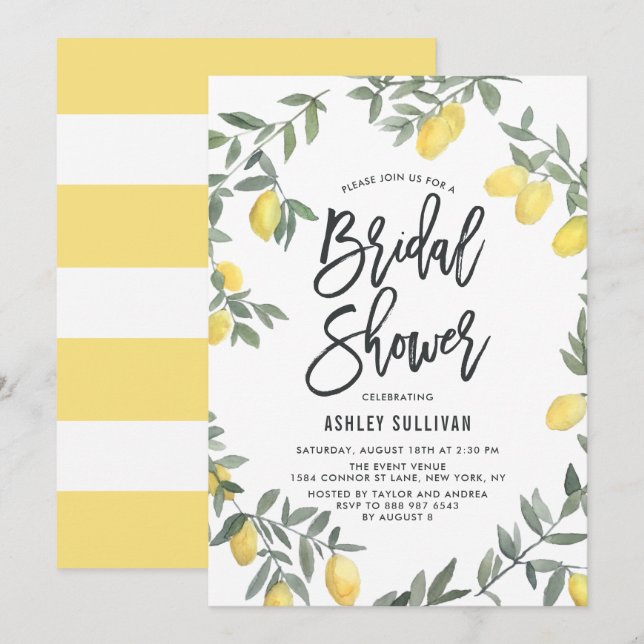 Invitation Boho Watercolor Lemon Wreath Fête des mariées (Devant / Derrière)