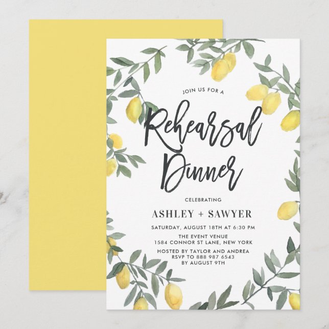 Invitation Boho Watercolor Lemon Wreath Rehersal Dîner (Devant / Derrière)