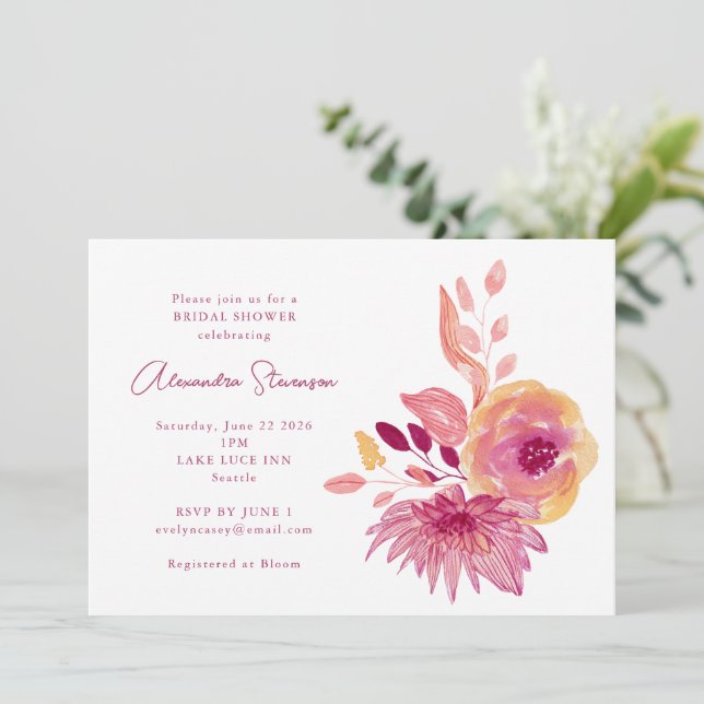 Invitation Boho Watercolor Magenta Red Flowers Fête des marié (Debout devant)