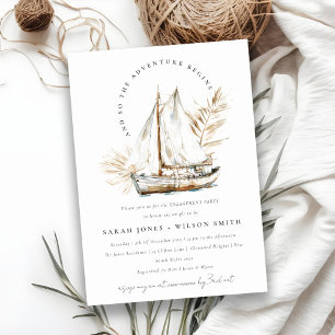 Invitation Boho Watercolor Palm Voilier Fiançailles marin