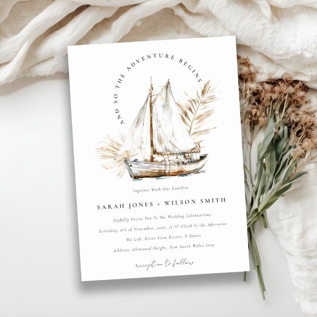 Invitation Boho Watercolor Palm Voilier Mariage marin (Créateur téléchargé)
