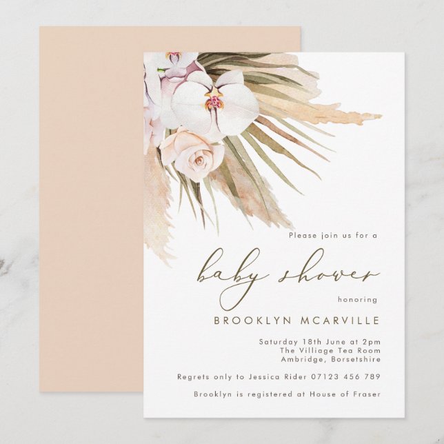 Invitation Boho Watercolor Pampas Grass Baby shower (Devant / Derrière)