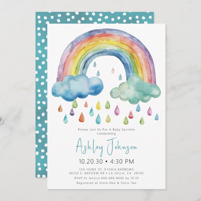 Invitation Boho Watercolor Rainbow Baby shower (Devant / Derrière)