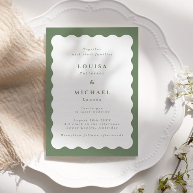 Invitation Boho Wavy Border Mariage vert et blanc (Créateur téléchargé)