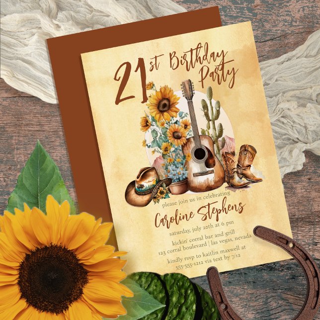 Invitation Boho Western Guitar Sunflowers 21e fête d'annivers (Make her Birthday Party unique with this Boho Rustic Western-themed Guitar & Sunflowers design!)