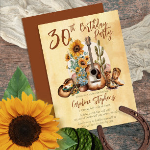 Invitation Boho Western Guitar Sunflowers 30e fête d'annivers