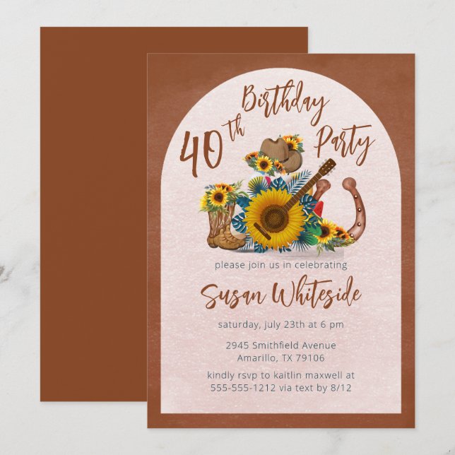 Invitation Boho Western Guitar Sunflowers 40e fête d'annivers (Devant / Derrière)