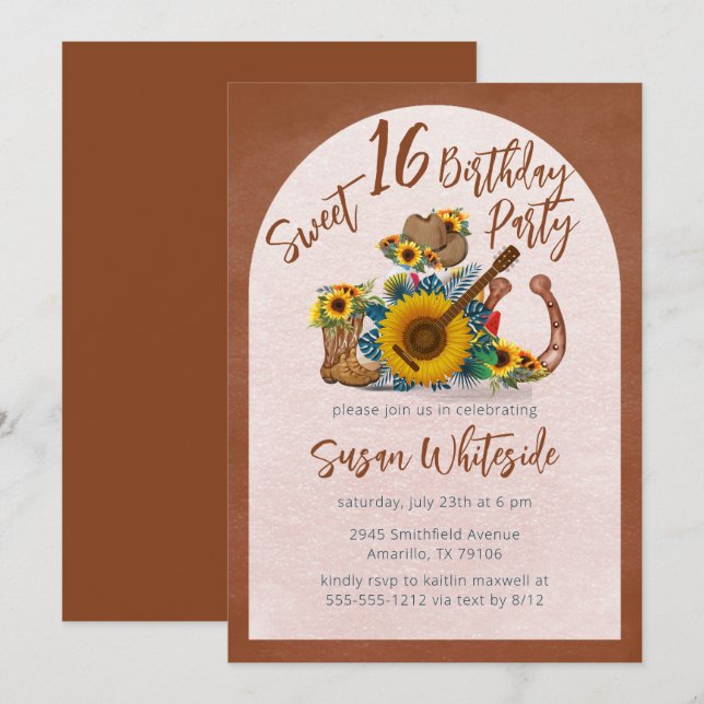 Invitation Boho Western Guitar Sunflowers Sweet 16 Party (Devant / Derrière)