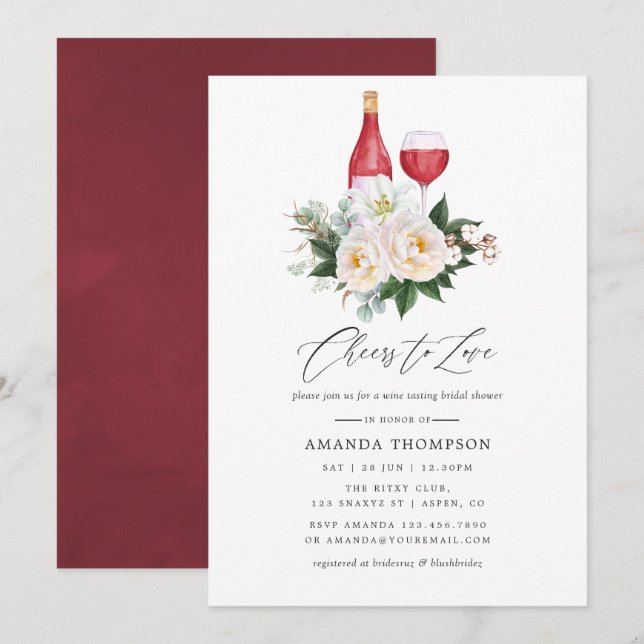 Invitation Boho White Floral Vin Dégustation Fête des mariées (Devant / Derrière)