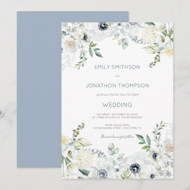 Invitation Boho White Florals Eucalyptus Feuille Mariage (Devant / Derrière)