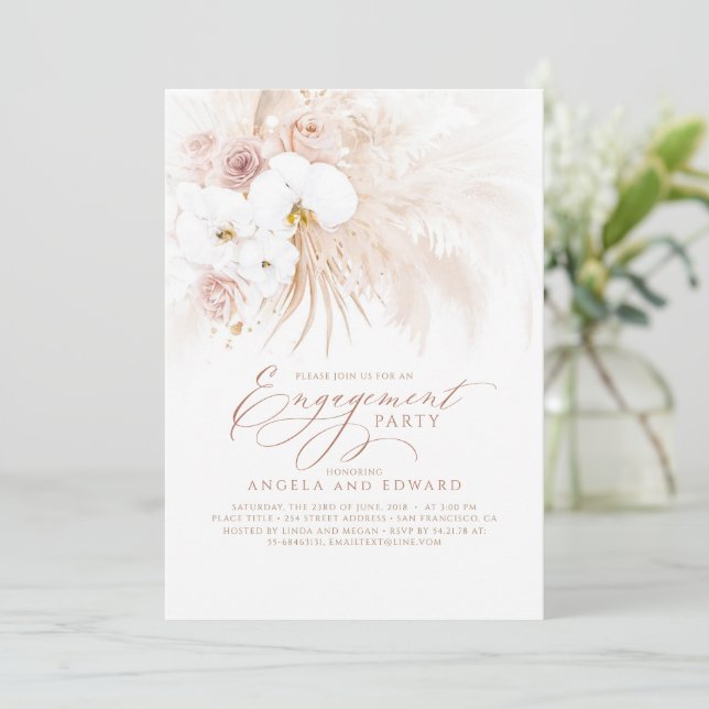 Invitation Boho White Orchidées Pampas Grass Engagement Party (Debout devant)