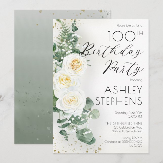 Invitation Boho White Roses Eucalyptus 100e fête d'anniversai (Devant / Derrière)
