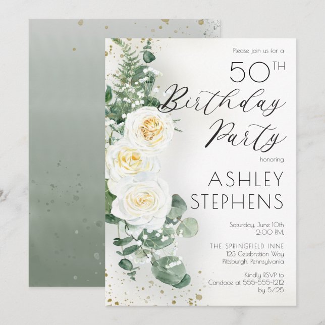 Invitation Boho White Roses Eucalyptus 50e fête d'anniversair (Devant / Derrière)