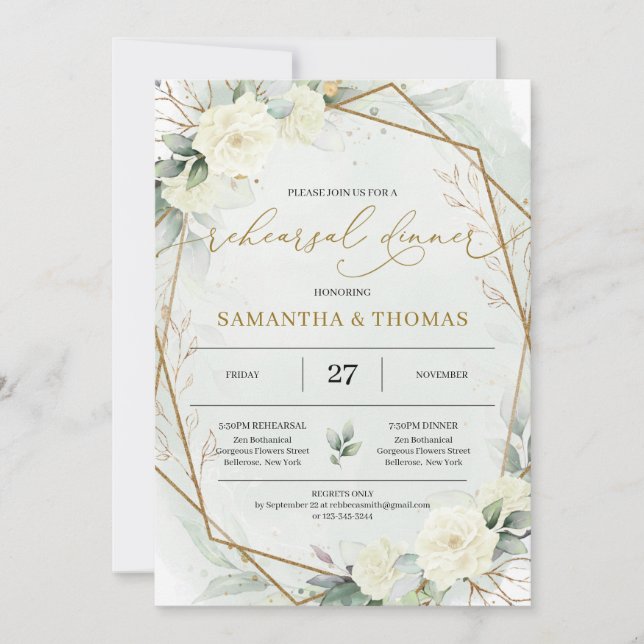 Invitation Boho White Roses Green Foliage Gold Répétition (Devant)