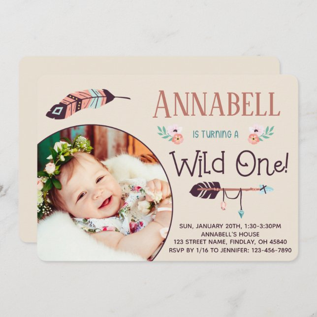 Invitation Boho Wild ONE Girl Premier anniversaire (Devant / Derrière)
