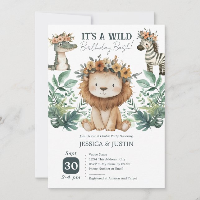 Invitation Boho Wild One Lion Double Anniversaire de enfant (Devant)