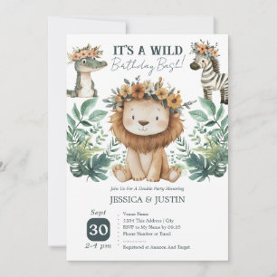 Invitation Boho Wild One Lion Double Enfants Anniversaire