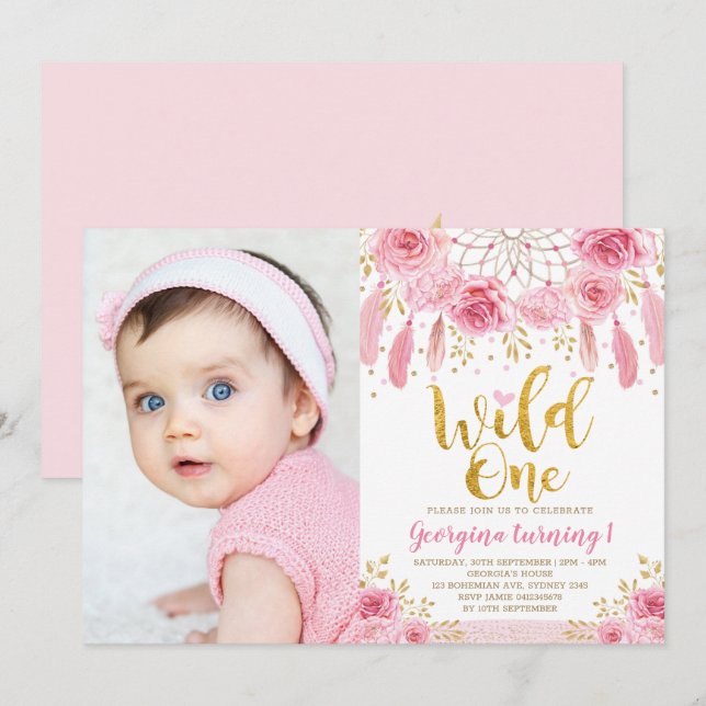 Invitation Boho Wild One Rose Rose Floral Dreamcatcher (Devant / Derrière)