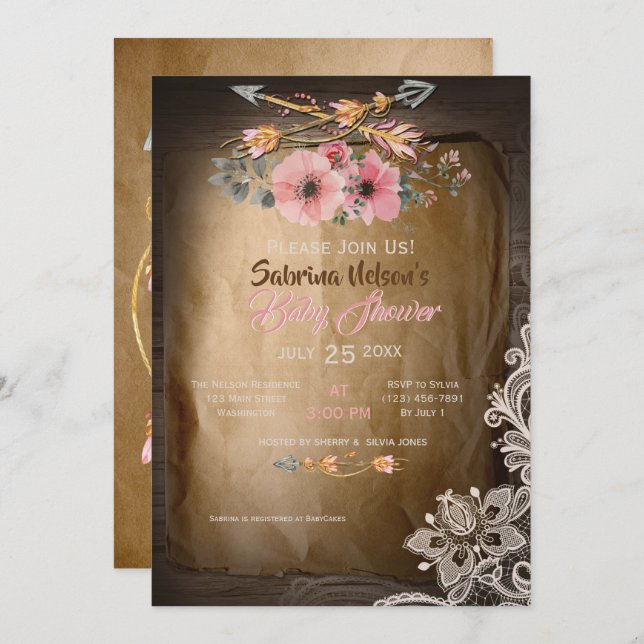 Invitation BOHO Wild Roses Baby shower fille (Devant / Derrière)