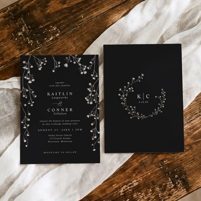 Invitation Boho Wildflower Black White Baby's Breath Wedding (Black and white wedding invite with grayscale baby’s breath and botanical monogram wreath)
