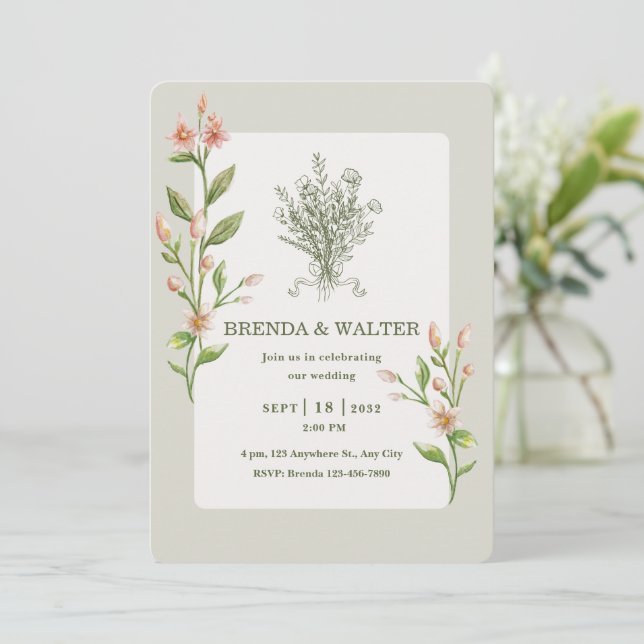 Invitation Boho Wildflower Watercolor Botanical Sage Wedding  (Debout devant)