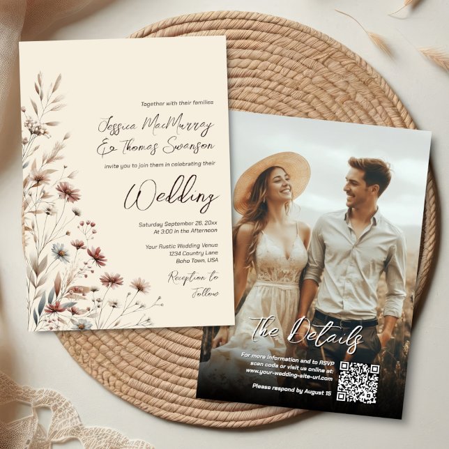 Invitation Boho Wildflowers & Photo Modern QR Code Wedding (Front/Back)