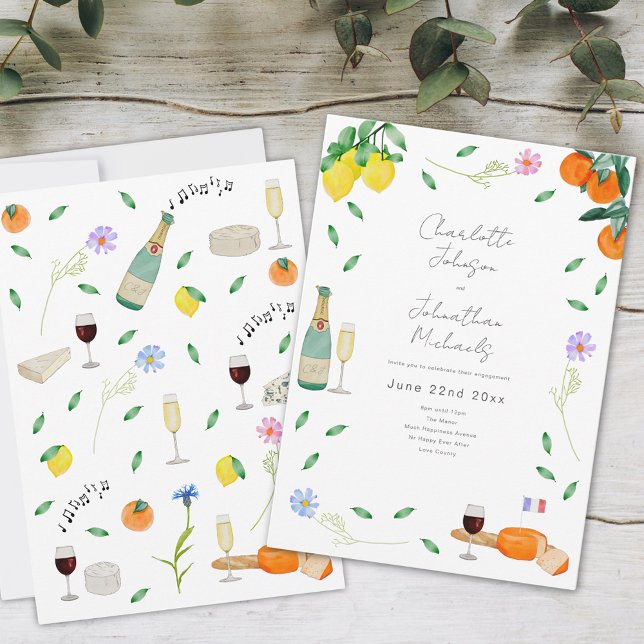 Invitation Boho Wine and Cheese (Boho floral wine and cheese citrus engagement party invitation whimsical watercolor illustration )