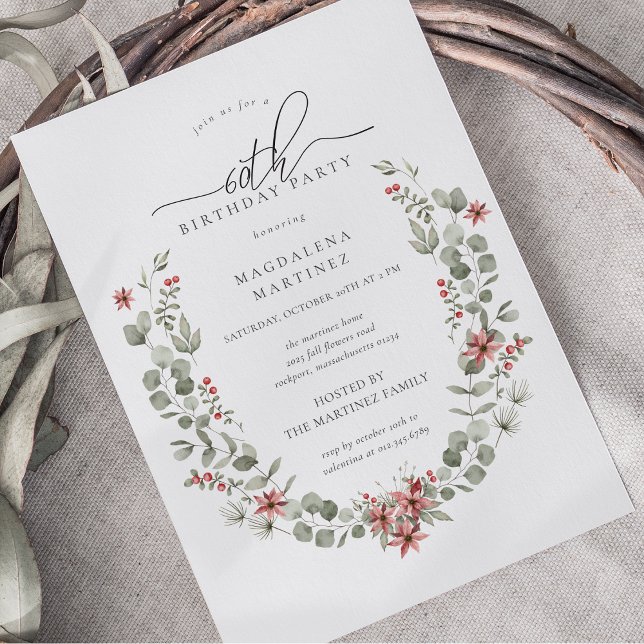 Invitation Boho Winter Greenery Red Floral 60e anniversaire (Créateur téléchargé)