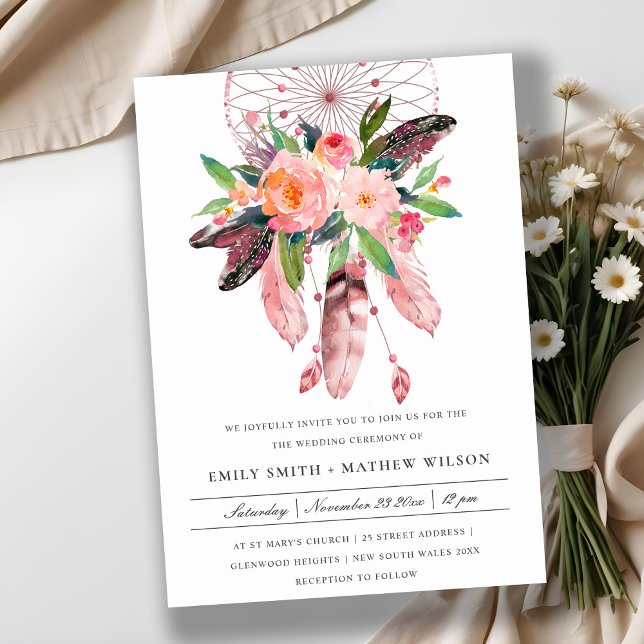 INVITATION BOHO WOOD BLUSH ANTLER DREAM CATCHER FLORE MARIAGE (Créateur téléchargé)