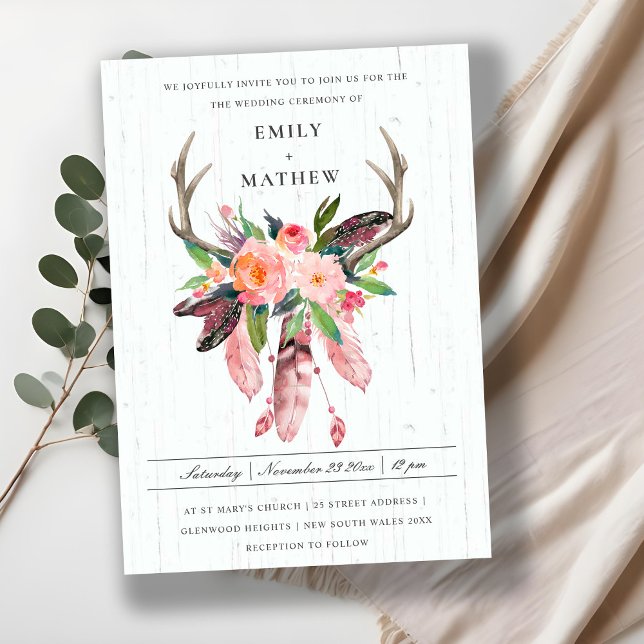 INVITATION BOHO WOOD BLUSH ANTLER DREAM CATCHER FLORE MARIAGE (Créateur téléchargé)