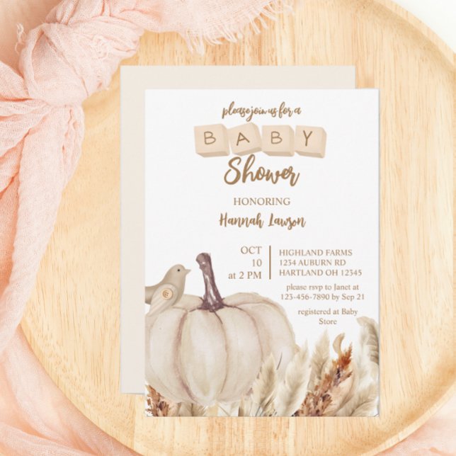 Invitation Boho Woodland Fall Baby shower Citrouille blanc (Créateur téléchargé)