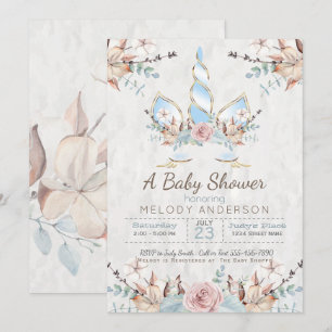 Invitation BOHO Woodland Floral Unicorn Baby shower bleu