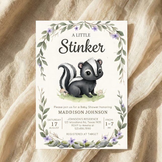 Invitation boho woodland Stinker greenery baby shower (Créateur téléchargé)
