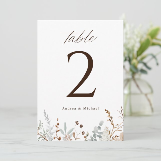 Invitation Boho Woodsy Fleur sauvage de terrain Numéro de tab (Debout devant)