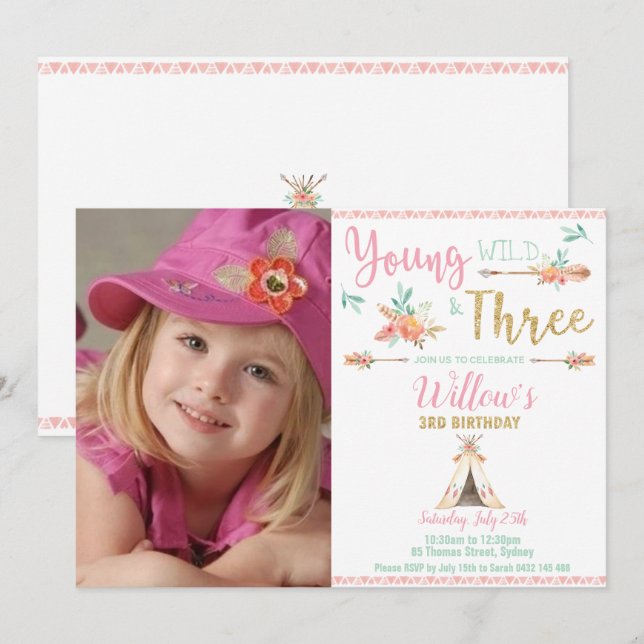 Invitation Boho Young Wild and Three 3Birthday Girl Photo (Devant / Derrière)