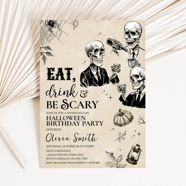 Invitation Boire à manger et crâne effrayant Halloween fête d (Eat Drink and Scary Gothic Skull Halloween Party Invitation)