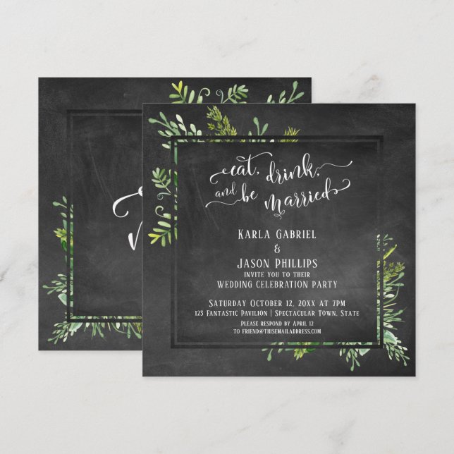 Invitation Boire à manger et être marié Vert Bouquet Chalkboa (Devant / Derrière)