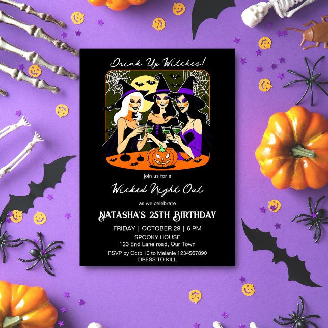 Invitation Boire des sorcières adulte fête d'anniversaire d'H (Drink up witches Halloween birthday party template invitation digital download pretty witches wine)