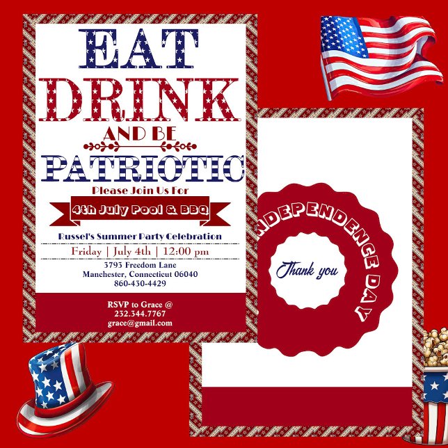 Invitation Boire et être patriotique 4 juillet Piscine et fêt (Eat Drink & Be Patriotic 4th July Pool & BBQ Party Invitation)