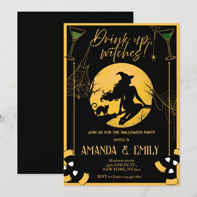Invitation Boire, Sorcières Filles Soirée Halloween (Devant / Derrière)
