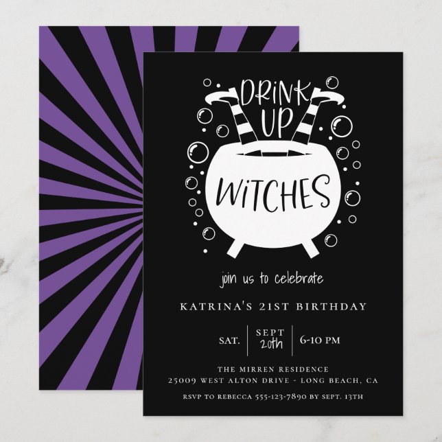 Invitation Boire Sorcières Halloween Thème Anniversaire (Devant / Derrière)