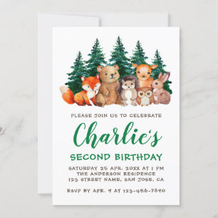 Invitation Bois 2e anniversaire Forêt Animaux Script vert