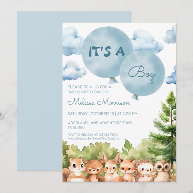 Invitation Bois Animaux Aquarelle C'est un Baby shower garçon (Devant / Derrière)