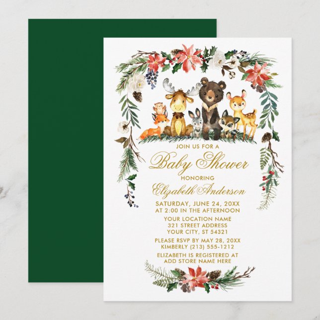 Invitation Bois Animaux Baby shower de vacances Or (Devant / Derrière)