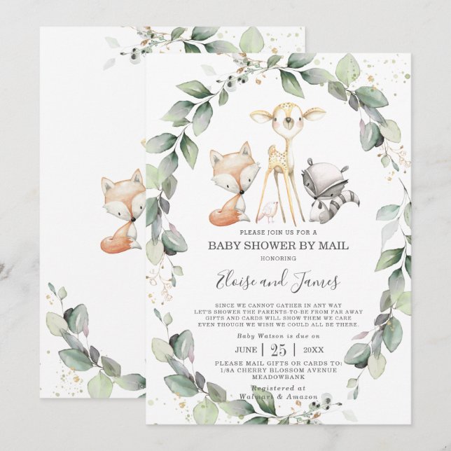 Invitation Bois Animaux Baby shower de verdure par courrier (Devant / Derrière)