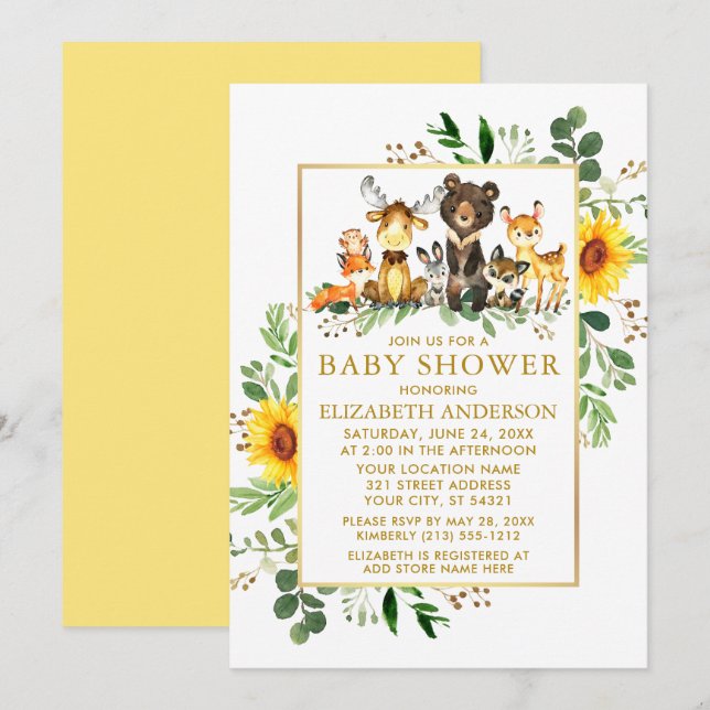 Invitation Bois Animaux Baby shower d'or des tournesols (Devant / Derrière)