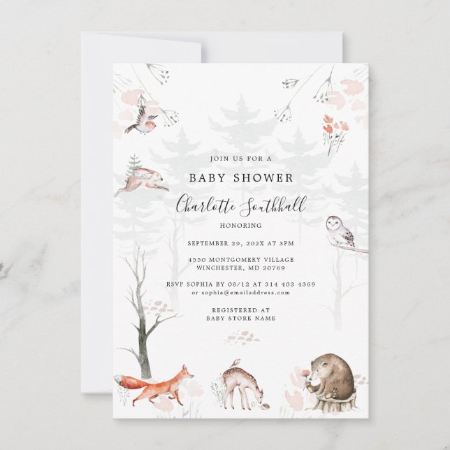 Invitation Bois Animaux Baby shower rustique Script (Devant)