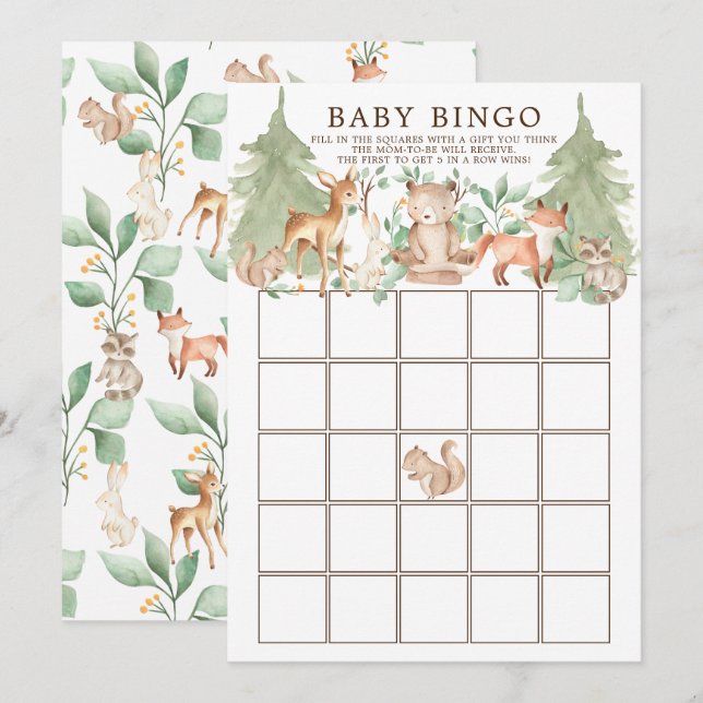 Invitation Bois Animaux BINGO Baby shower Jeu (Devant / Derrière)