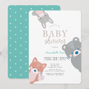 Invitation Bois Animaux Blanc Turquoise Baby shower garçon